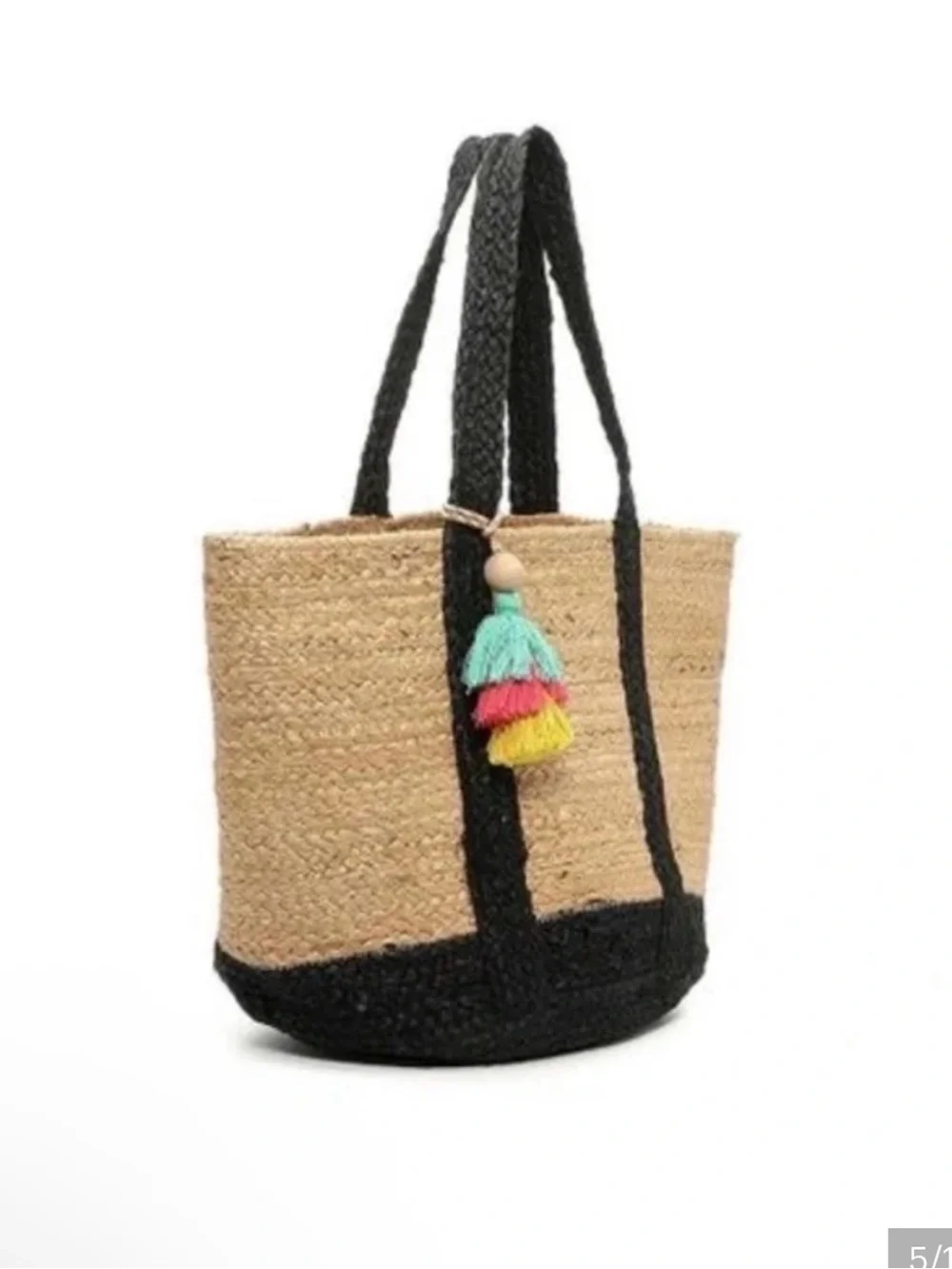 Shiraleah Natural Straw Tote with Black Trim and Multicolor Tassel